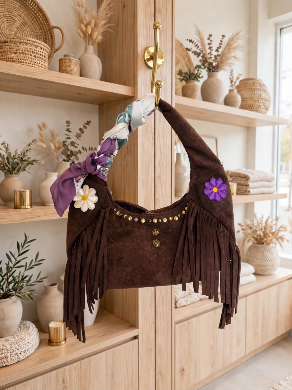 Universal Thread Brown Suede Fringe Shoulder Bag with Floral Accents